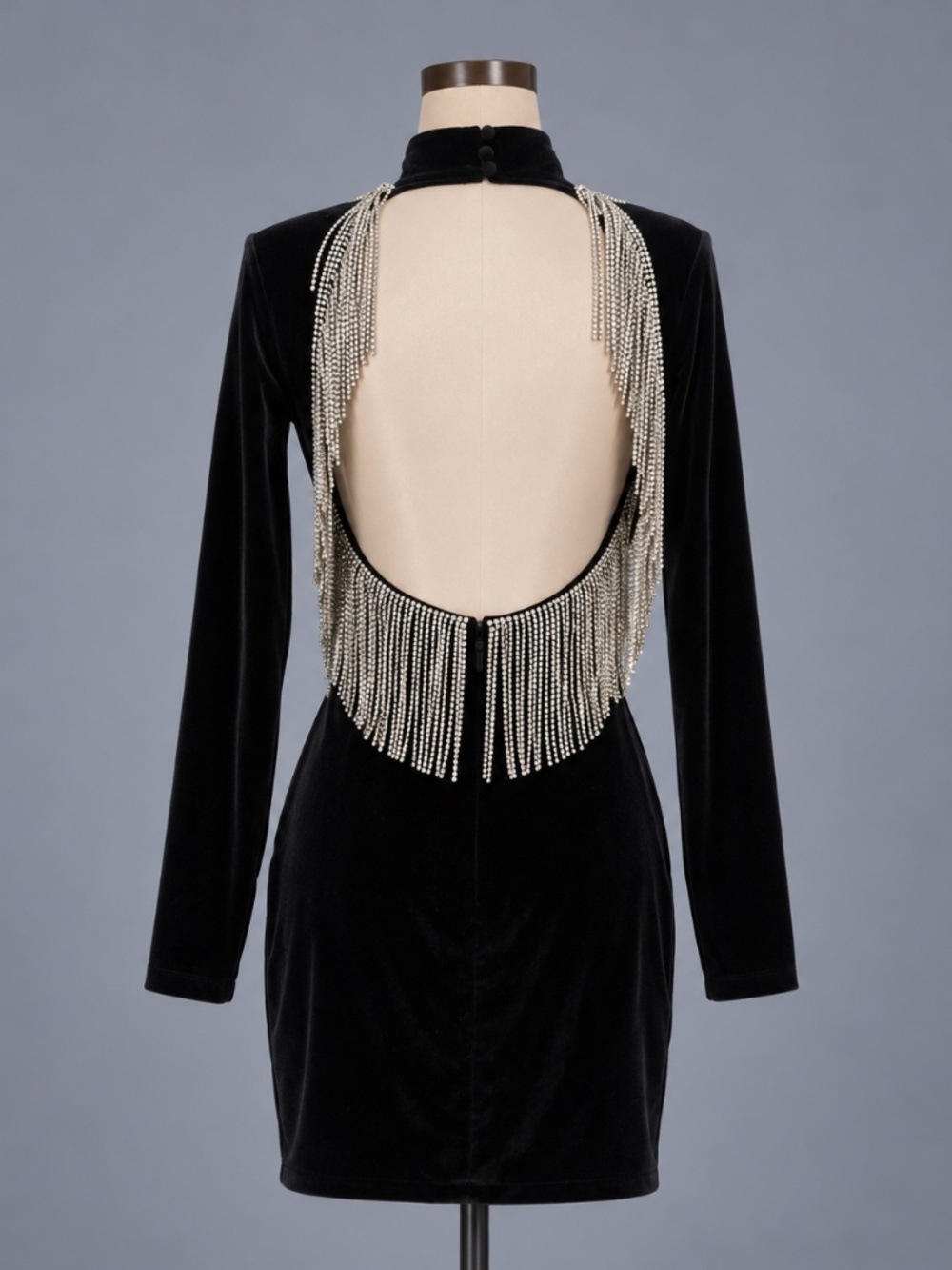 LPA Licette Black Velvet Crystal Fringe Open Back Mini Dress – Size S